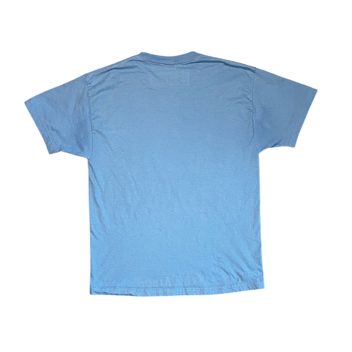 A light blue short-sleeve crewneck t-shirt shown from the back, laid flat against a solid white background.