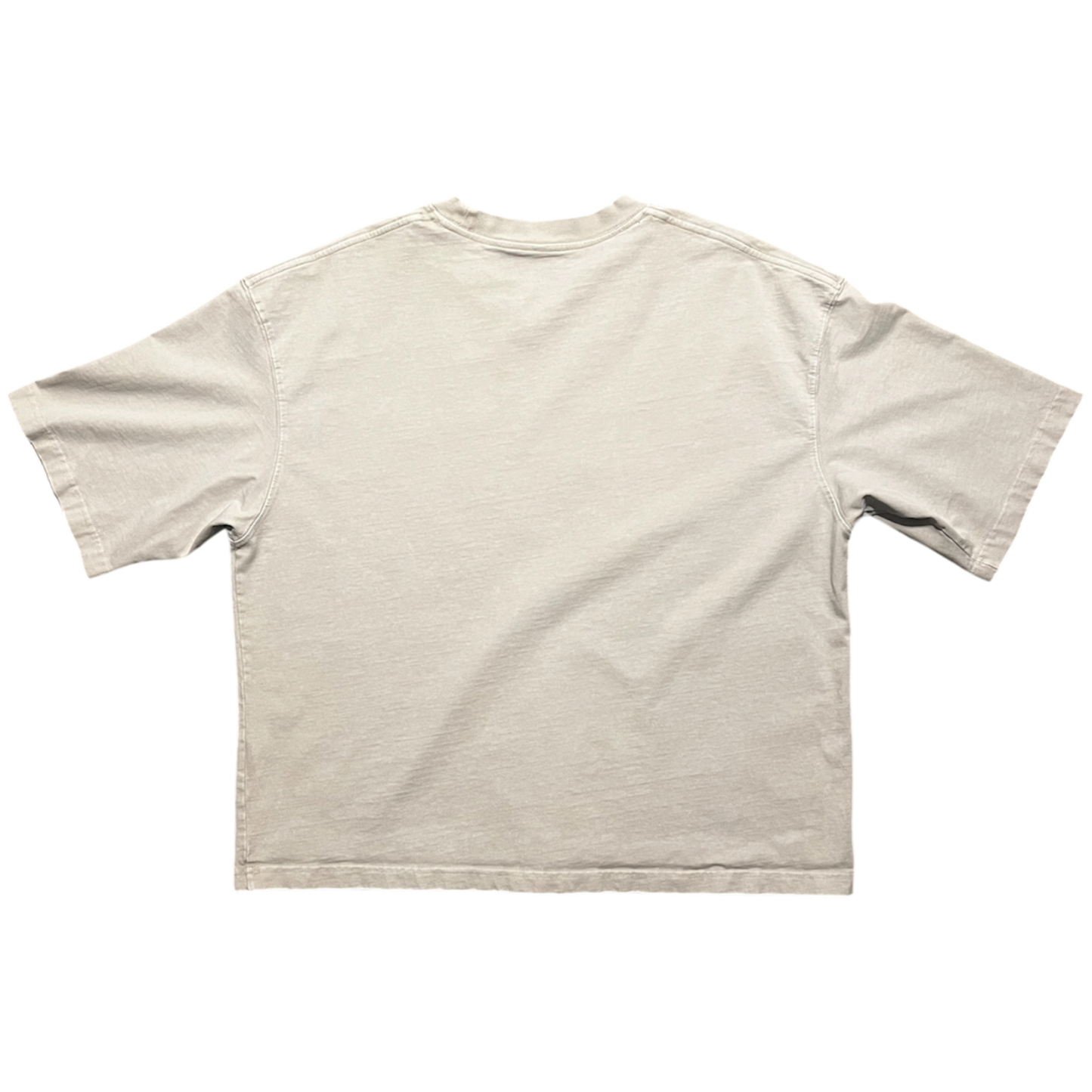 A light beige crewneck t-shirt shown from the back, laid flat against a solid white background.