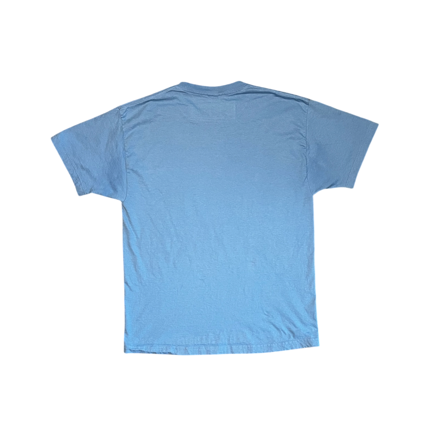 A light blue short-sleeve crewneck t-shirt shown from the back, laid flat against a solid white background.