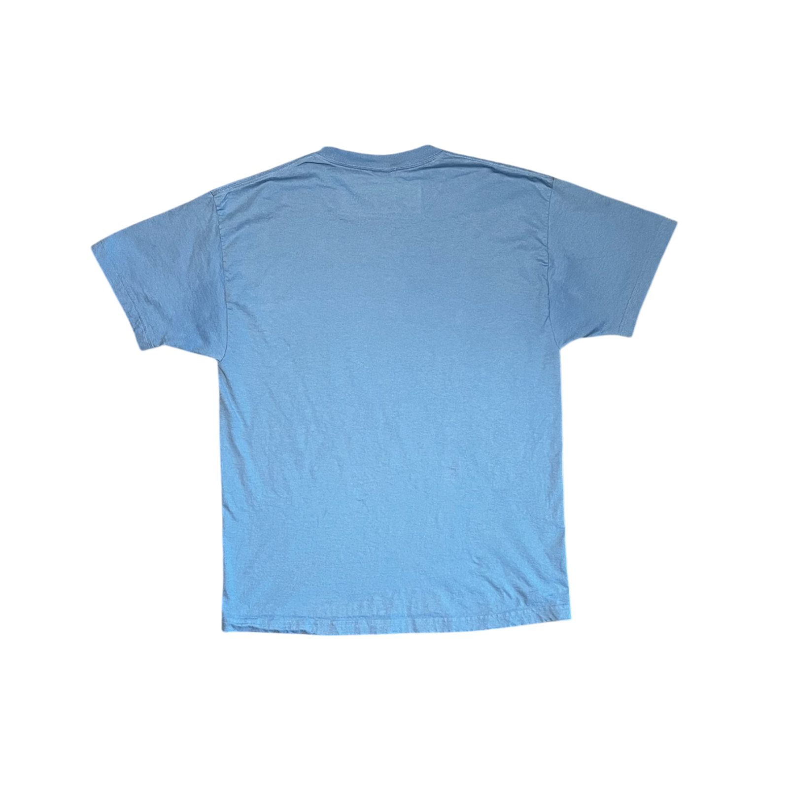 A light blue short-sleeve crewneck t-shirt shown from the back, laid flat against a solid white background.