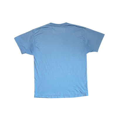 A light blue short-sleeve crewneck t-shirt shown from the back, laid flat against a solid white background.