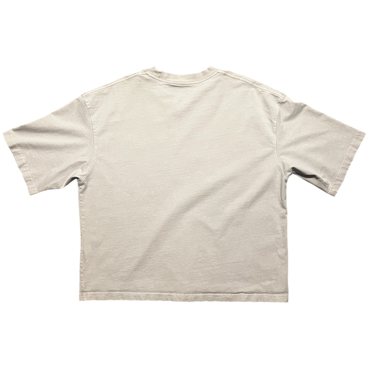 A light beige crewneck t-shirt shown from the back, laid flat against a solid white background.