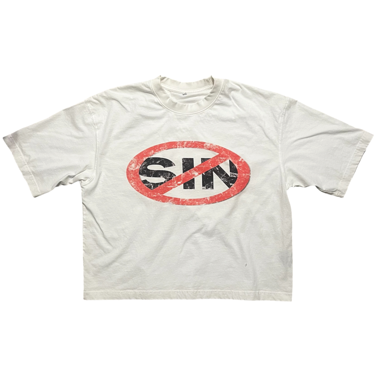 A white short-sleeve t-shirt with a distressed graphic on the chest showing the word 'SIN' in black inside a red prohibition symbol.