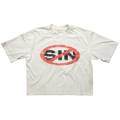 A white short-sleeve t-shirt with a distressed graphic on the chest showing the word 'SIN' in black inside a red prohibition symbol.