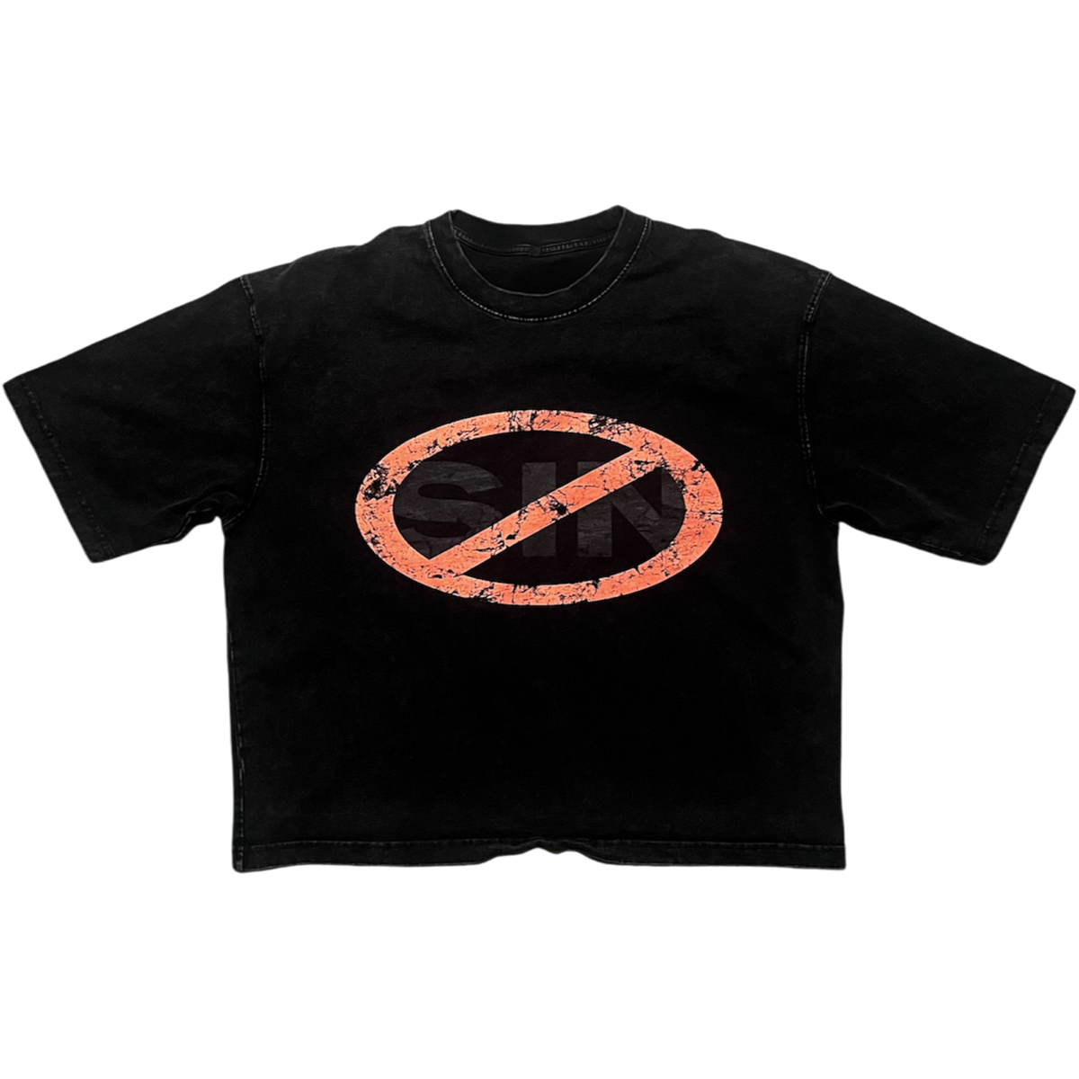 A black short-sleeve t-shirt with a distressed orange graphic on the front showing a circle with a diagonal slash through it, set against a plain white background.