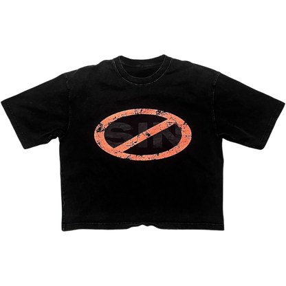 A black short-sleeve t-shirt with a distressed orange graphic on the front showing a circle with a diagonal slash through it, set against a plain white background.