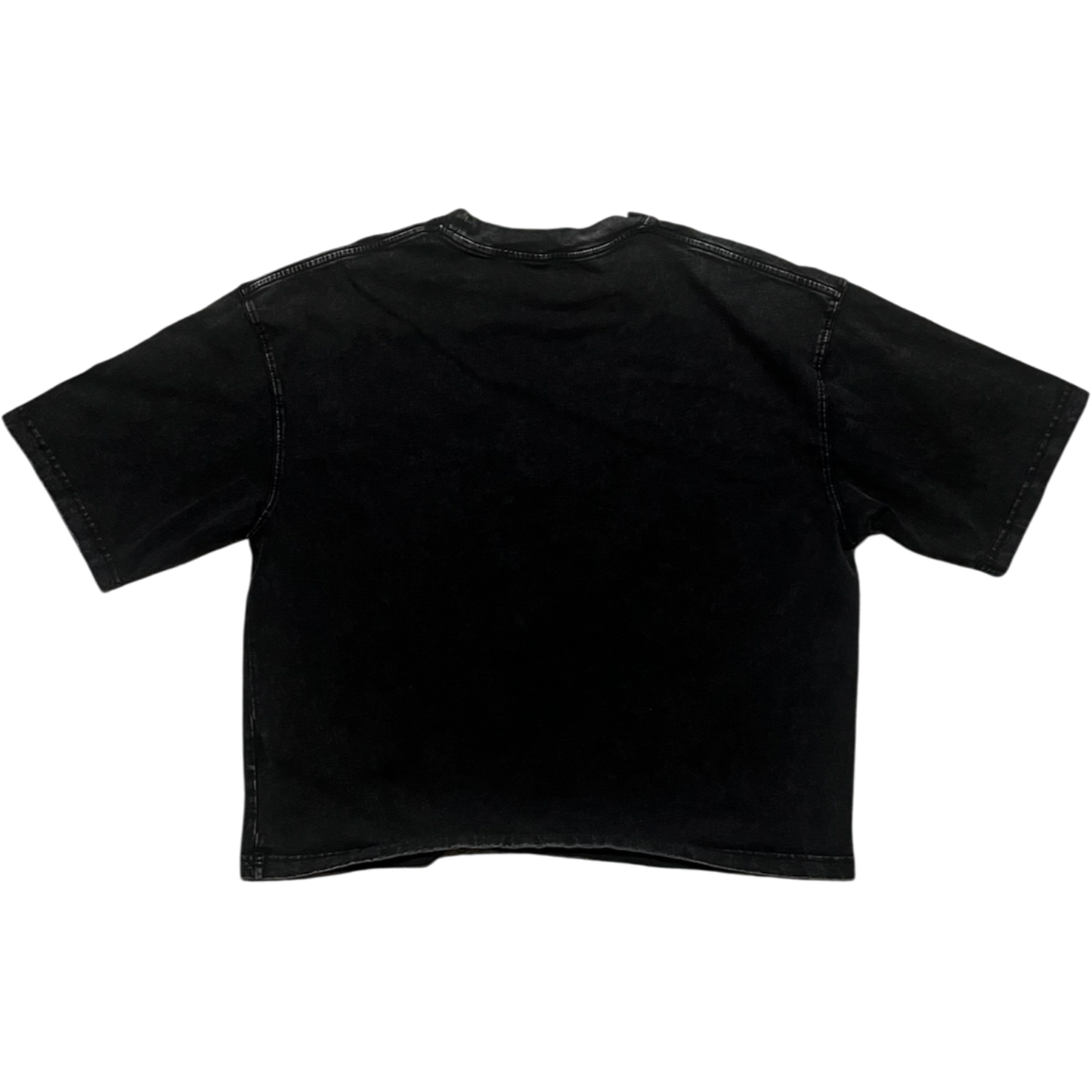 A black short-sleeve crop top t-shirt shown from the back, laid flat against a solid white background.