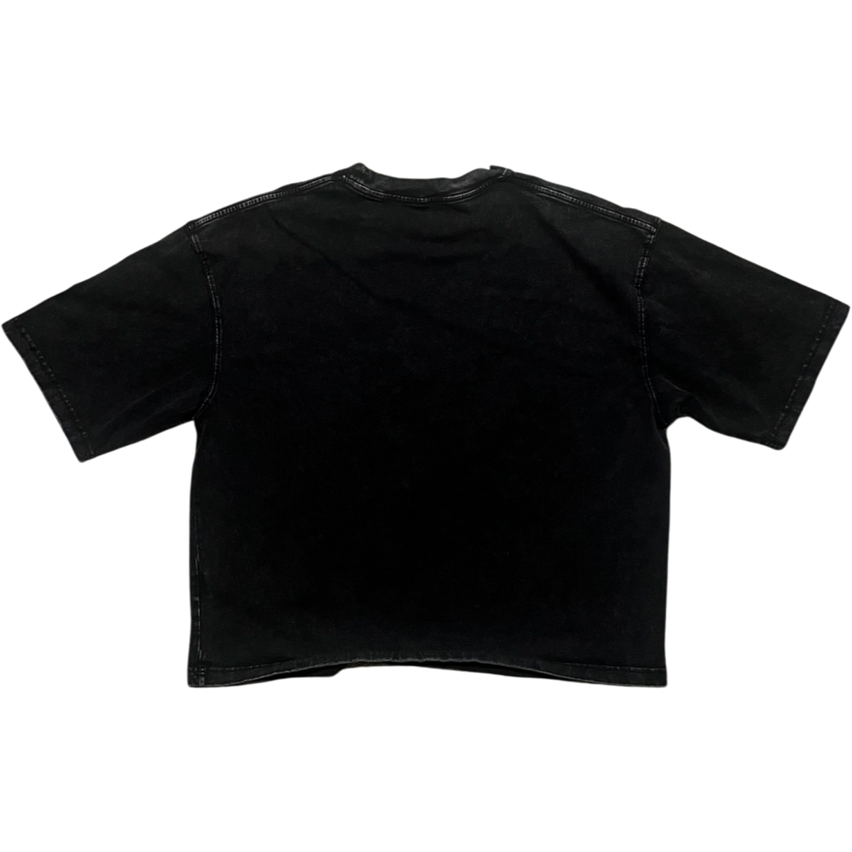 A black short-sleeve crop top t-shirt shown from the back, laid flat against a solid white background.