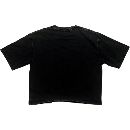 A black short-sleeve crop top t-shirt shown from the back, laid flat against a solid white background.